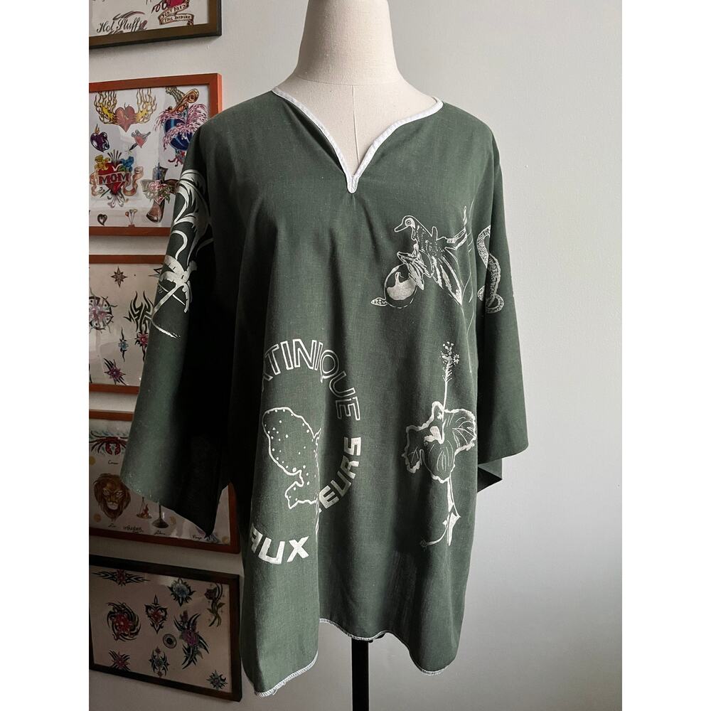 Vintage 90s Bell Sleeve Tunic | Ile Aux Fleurs Map Print | Flared Sleeves | M–XL - Picture 5 of 9